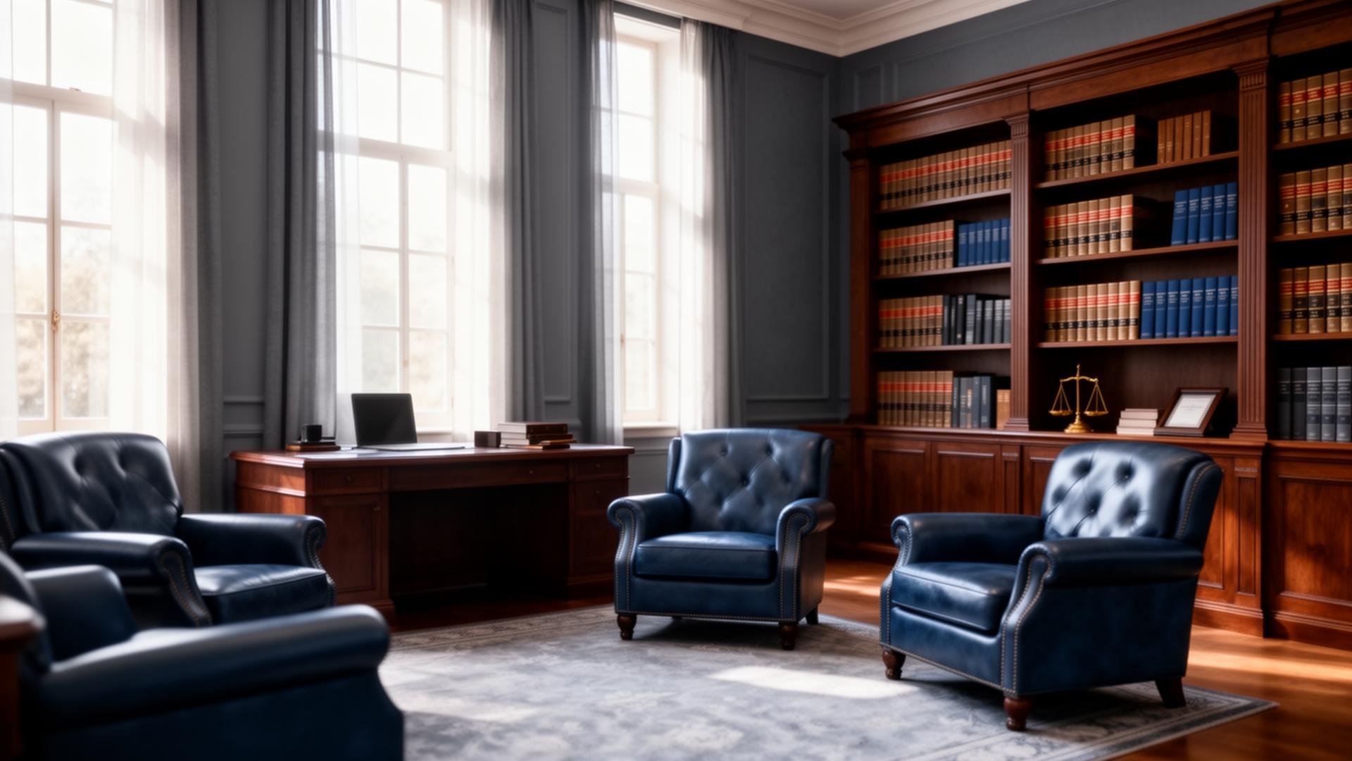 Escritório de advocacia com biblioteca e poltronas